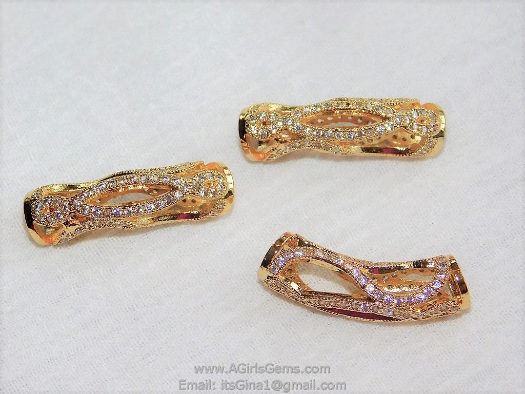 CZ Micro Pave Tube Spacer Gold Plated Bead Cubic Zirconia Tube Bracelet Making Jewelry CZ Focal Bead DIY Bracelet 5 mm Hole AGGSM127 - A Girls Gems