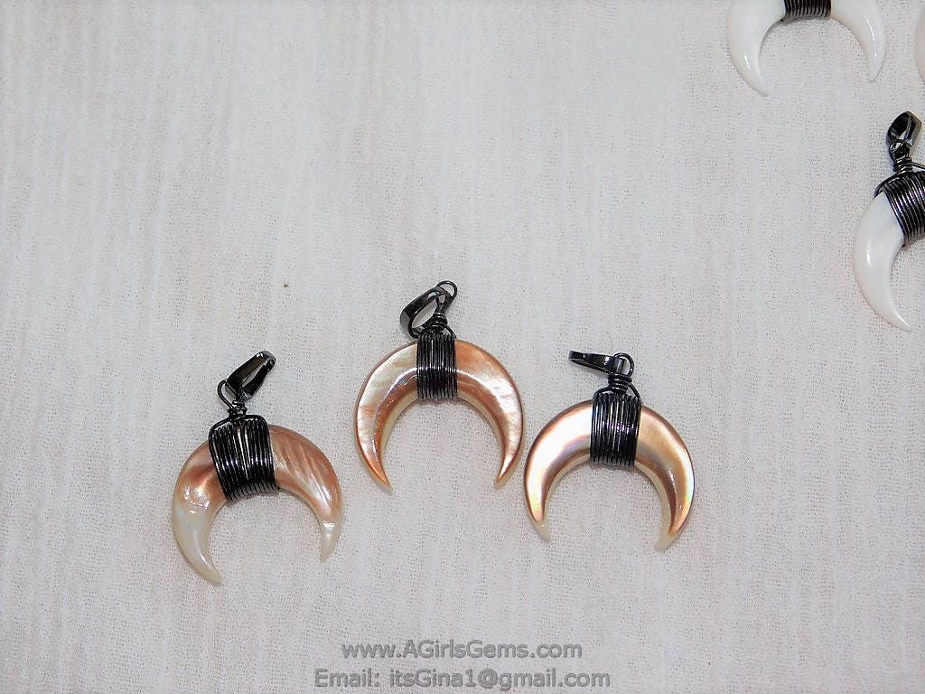 Crescent Moon Charms, Pink Beige Mini Double Horn Charms, Gunmetal Black Plated Wire Wrapped Natural Shell Pendants DIY Jewelry Supplies - A Girls Gems