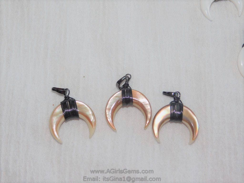 Crescent Moon Charms, Pink Beige Mini Double Horn Charms, Gunmetal Black Plated Wire Wrapped Natural Shell Pendants DIY Jewelry Supplies - A Girls Gems