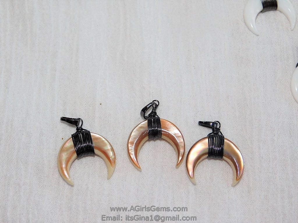 Crescent Moon Charms, Pink Beige Mini Double Horn Charms, Gunmetal Black Plated Wire Wrapped Natural Shell Pendants DIY Jewelry Supplies - A Girls Gems
