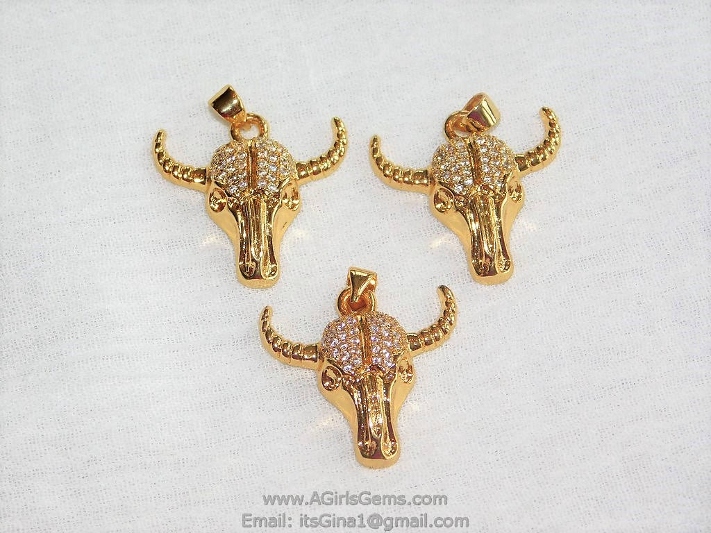 Cow Skull CZ Micro Pave Gold Plated Bull Skull Pendant Boho Cubic Zirconia Ox Longhorn Skull Cowboy Supplies Crafts Supplies Bull Skull - A Girls Gems