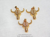 Cow Skull CZ Micro Pave Gold Plated Bull Skull Pendant Boho Cubic Zirconia Ox Longhorn Skull Cowboy Supplies Crafts Supplies Bull Skull - A Girls Gems