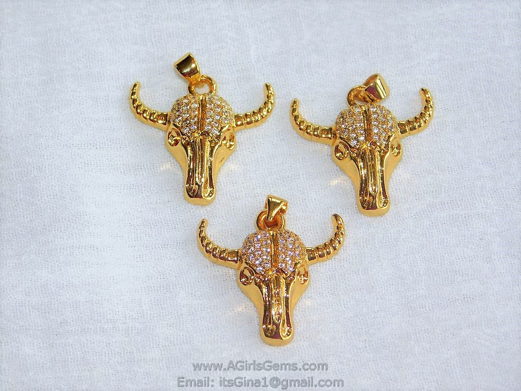 Cow Skull CZ Micro Pave Gold Plated Bull Skull Pendant Boho Cubic Zirconia Ox Longhorn Skull Cowboy Supplies Crafts Supplies Bull Skull - A Girls Gems