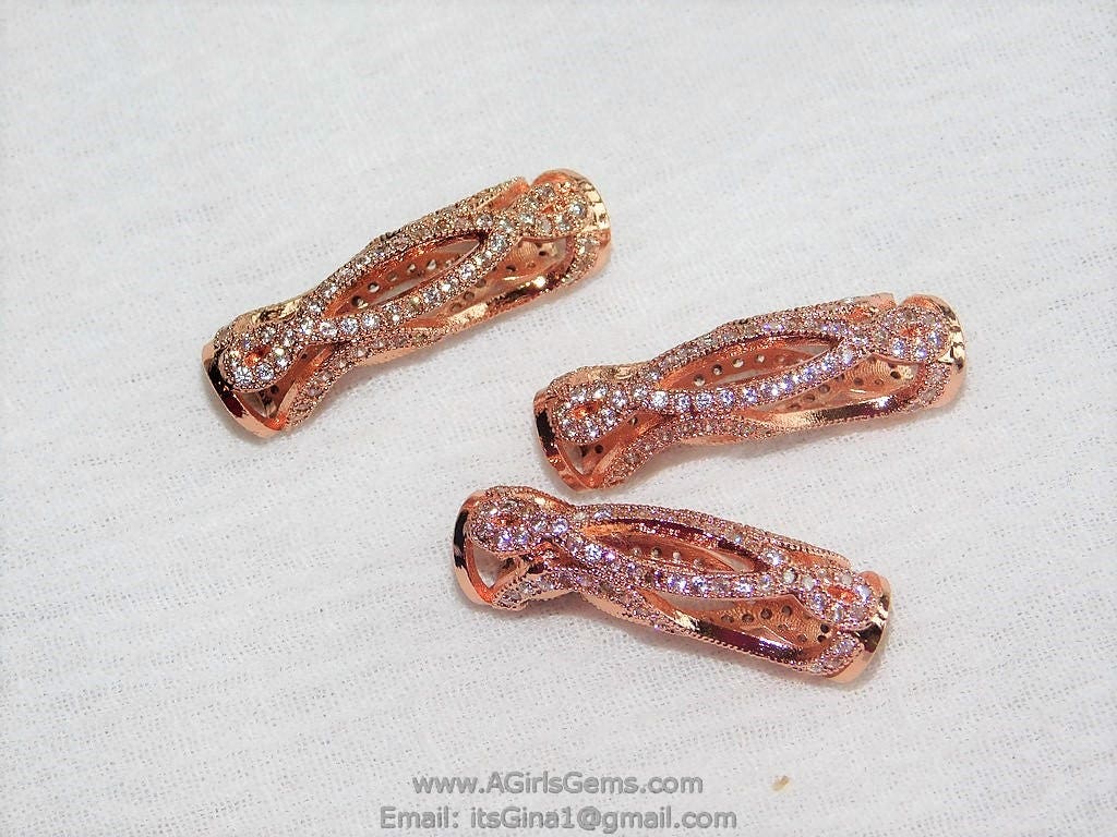 CZ Micro Pave Tube Bead, Rose Gold Beads, Tube Beads, Clear Cubic Zirconia 9 x 29 mm for DIY Bracelets - A Girls Gems
