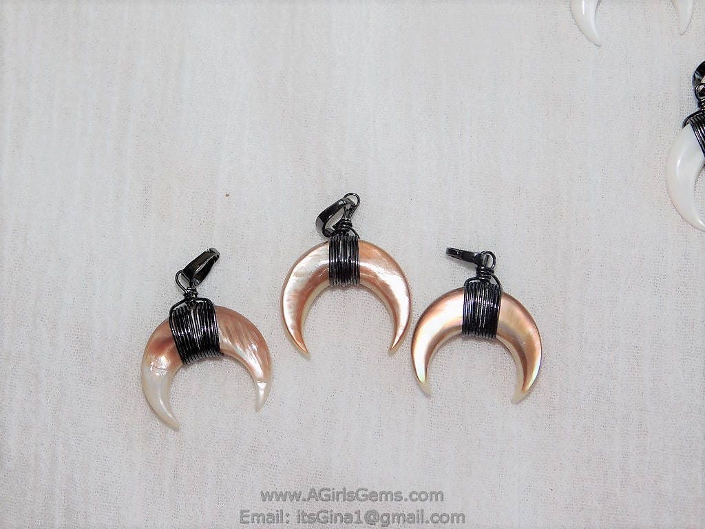 Crescent Moon Charms, Pink Beige Mini Double Horn Charms, Gunmetal Black Plated Wire Wrapped Natural Shell Pendants DIY Jewelry Supplies - A Girls Gems