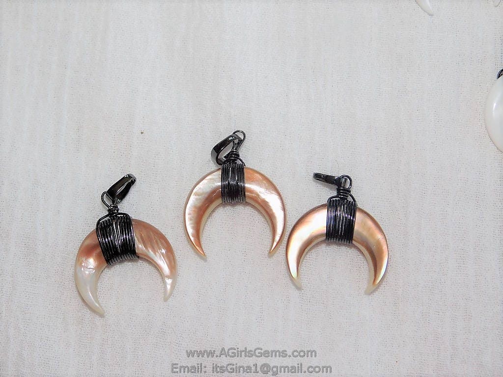 Crescent Moon Charms, Pink Beige Mini Double Horn Charms, Gunmetal Black Plated Wire Wrapped Natural Shell Pendants DIY Jewelry Supplies - A Girls Gems