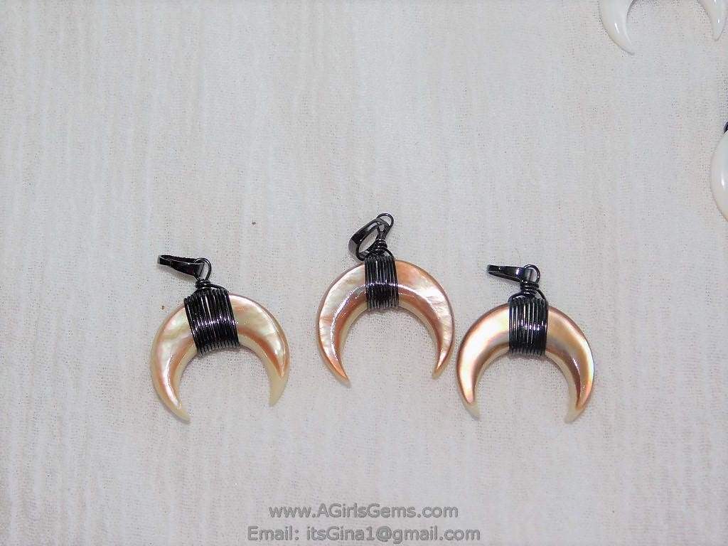Crescent Moon Charms, Pink Beige Mini Double Horn Charms, Gunmetal Black Plated Wire Wrapped Natural Shell Pendants DIY Jewelry Supplies - A Girls Gems