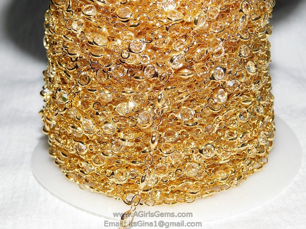 Clear Crystal Bezel Rosary Chain, Gold plated Connector Bezel CH #515, 4 mm Crystal Chains