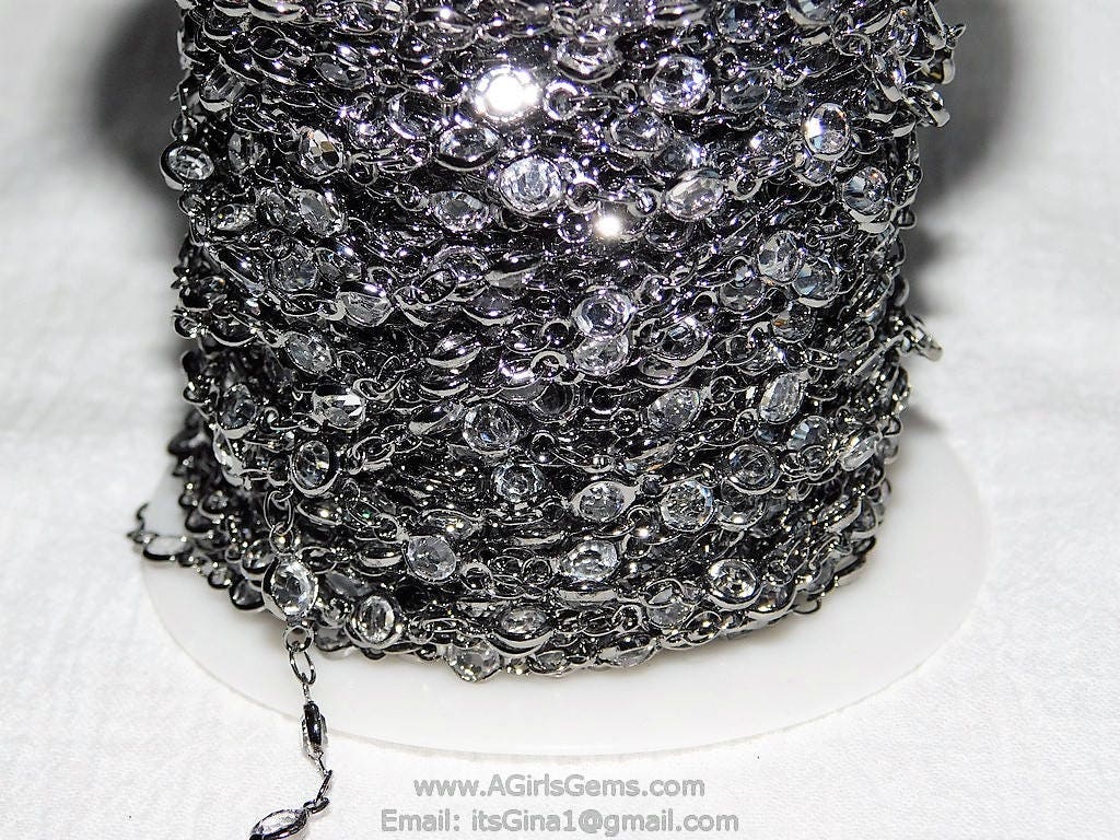 Gunmetal Black Clear Crystal Bezel Rosary Chain Gunmetal Black plated Connector Bezel Chain 4 mm Chains Chain Wholesale/By The Foot - A Girls Gems