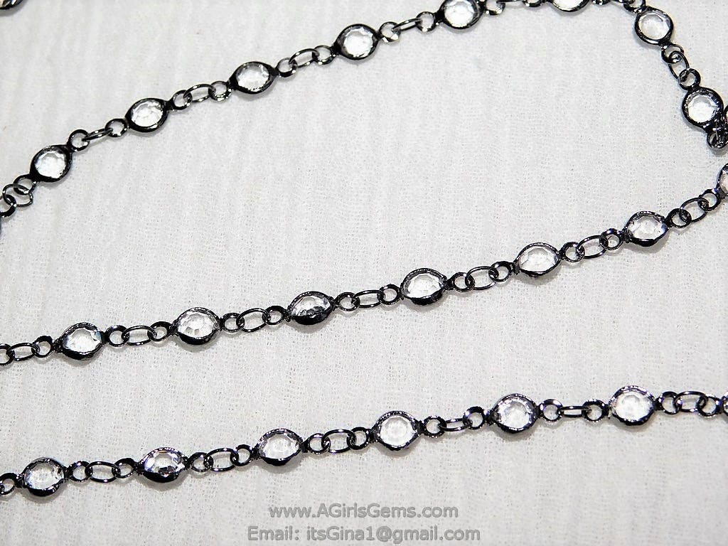Gunmetal Black Clear Crystal Bezel Rosary Chain Gunmetal Black plated Connector Bezel Chain 4 mm Chains Chain Wholesale/By The Foot - A Girls Gems