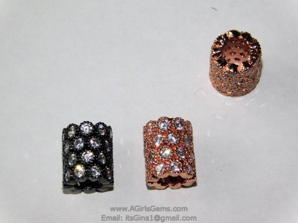 CZ Micro Pave Tube Bead, Gold, Black, Silver, Rose Clear Short Round 8 mm x 10 mm Large Hole Tube Bead Spacers, Focal Bead for Bracelets - A Girls Gems