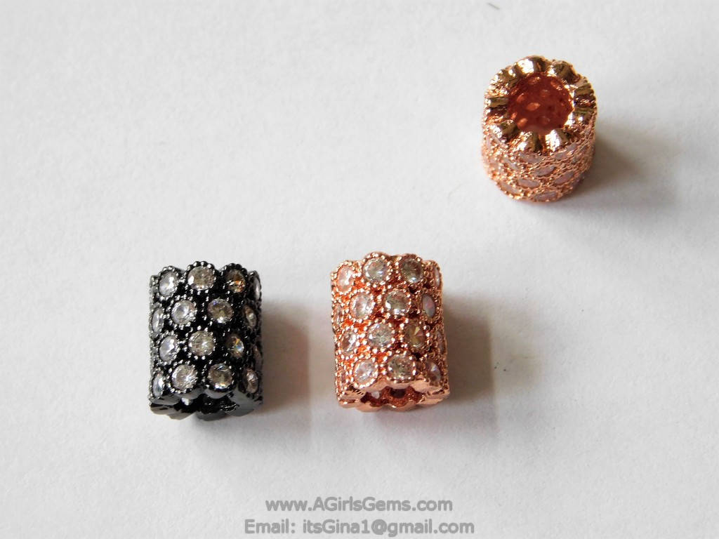 CZ Micro Pave Tube Bead, Gold, Black, Silver, Rose Clear Short Round 8 mm x 10 mm Large Hole Tube Bead Spacers, Focal Bead for Bracelets - A Girls Gems