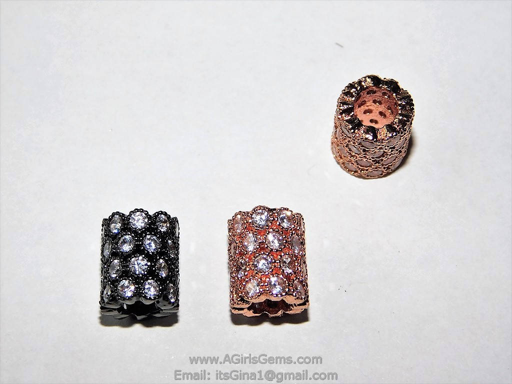 CZ Micro Pave Tube Bead, Gold, Black, Silver, Rose Clear Short Round 8 mm x 10 mm Large Hole Tube Bead Spacers, Focal Bead for Bracelets - A Girls Gems