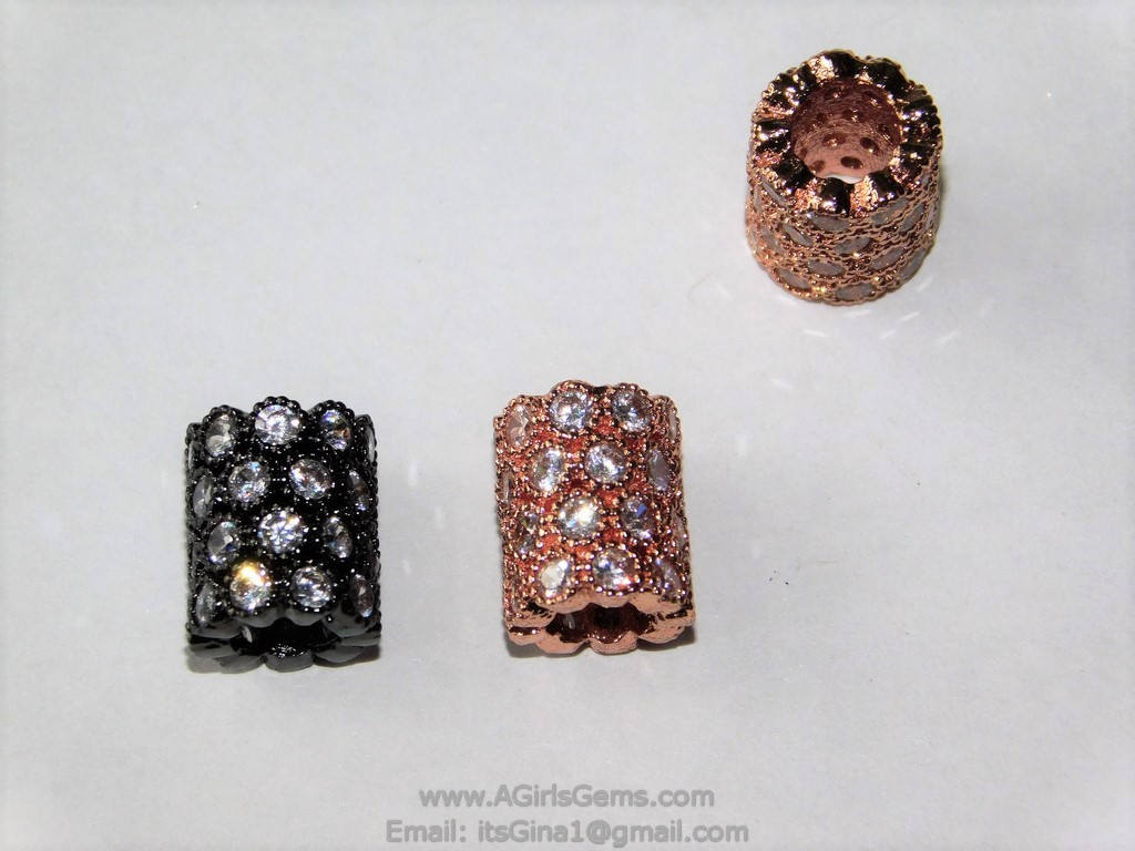 CZ Micro Pave Tube Bead, Gold, Black, Silver, Rose Clear Short Round 8 mm x 10 mm Large Hole Tube Bead Spacers, Focal Bead for Bracelets - A Girls Gems