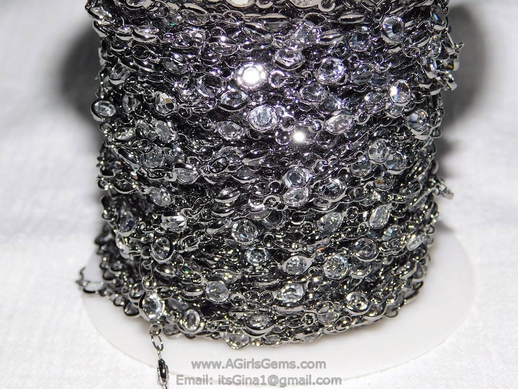 Gunmetal Black Clear Crystal Bezel Rosary Chain Gunmetal Black plated Connector Bezel Chain 4 mm Chains Chain Wholesale/By The Foot - A Girls Gems