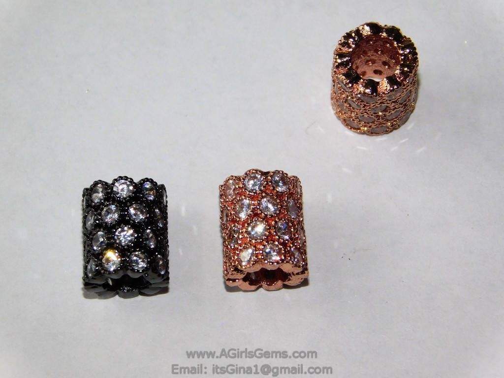 CZ Micro Pave Tube Bead, Gold, Black, Silver, Rose Clear Short Round 8 mm x 10 mm Large Hole Tube Bead Spacers, Focal Bead for Bracelets - A Girls Gems