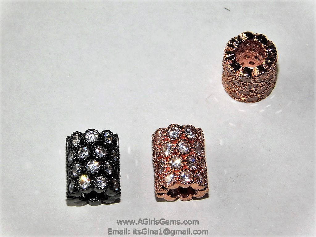 CZ Micro Pave Tube Bead, Gold, Black, Silver, Rose Clear Short Round 8 mm x 10 mm Large Hole Tube Bead Spacers, Focal Bead for Bracelets - A Girls Gems
