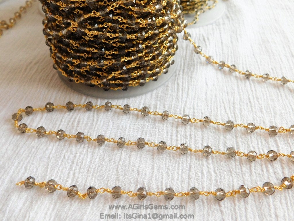 Smoky Grey Rosary Chain 6 mm Crystal 22k Gold Plated Chain for Boho Jewelry Chains Glass Beaded Rosary Roll Bulk Wholesale/By The Foot - A Girls Gems
