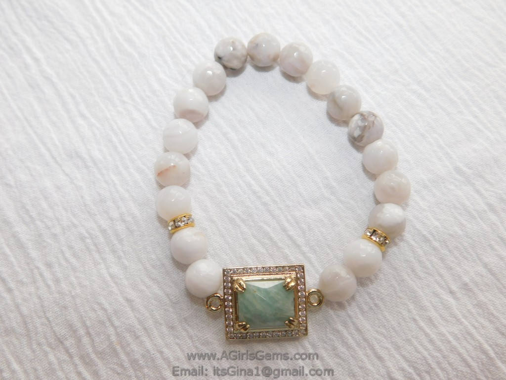 White Agate Bracelet CZ Amazonite Stretchy Stackable Crystal Bracelet by Regina Harp Designs - A Girls Gems