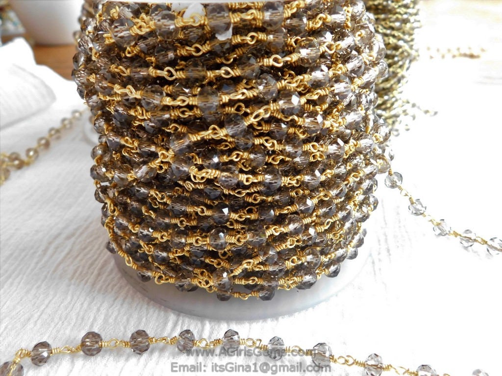 Smoky Grey Rosary Chain 6 mm Crystal 22k Gold Plated Chain for Boho Jewelry Chains Glass Beaded Rosary Roll Bulk Wholesale/By The Foot - A Girls Gems