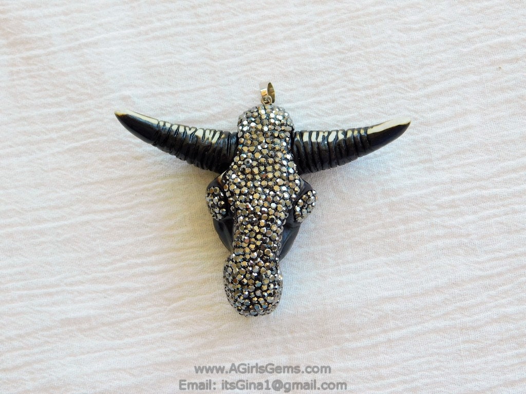 Cow Skull Pendant, CZ Pave Brown Bone Pendant CW16 - A Girls Gems
