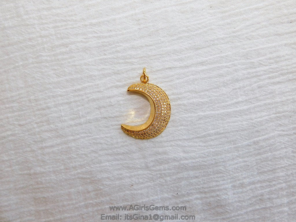 CZ Gold Plated Clear CZ  Moon Pave Bead Half Moon Quarter Moon Pendant Cubic Zirconia Pendant DIY Necklace - A Girls Gems
