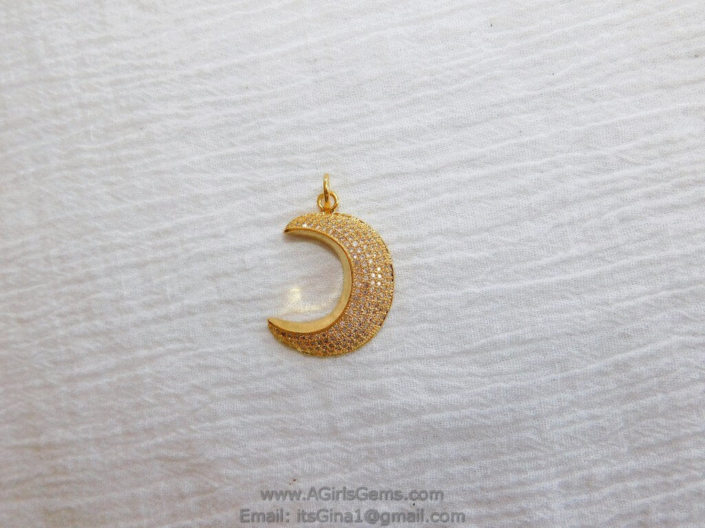 CZ Gold Plated Clear CZ  Moon Pave Bead Half Moon Quarter Moon Pendant Cubic Zirconia Pendant DIY Necklace - A Girls Gems