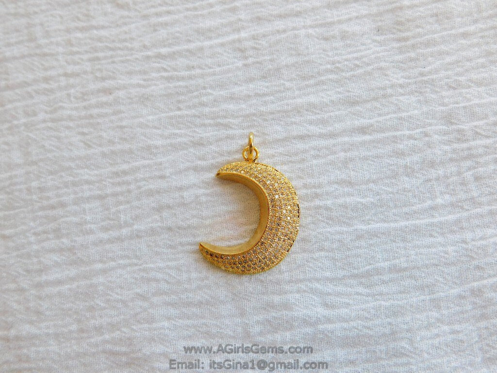 CZ Gold Plated Clear CZ  Moon Pave Bead Half Moon Quarter Moon Pendant Cubic Zirconia Pendant DIY Necklace - A Girls Gems