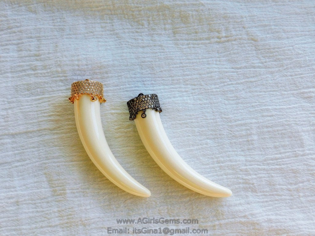 CZ Micro Paved Horn Pendant with CZ Dangles, Tusk Charms Boho Findings, Gold - A Girls Gems