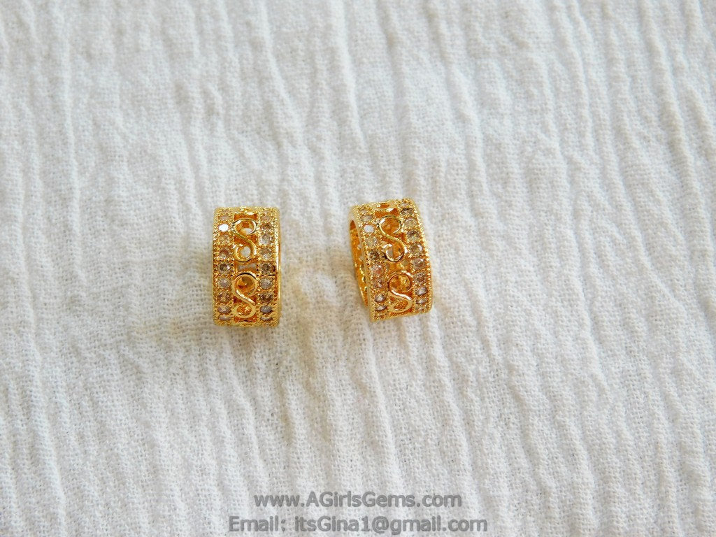CZ Micro Pave Tube Bead 6 mm x 10 mm Bead  Gold Plated - A Girls Gems