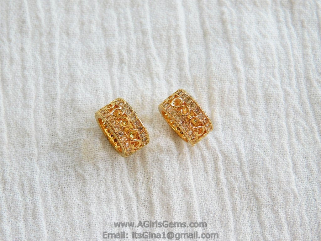 CZ Micro Pave Tube Bead 6 mm x 10 mm Bead  Gold Plated - A Girls Gems