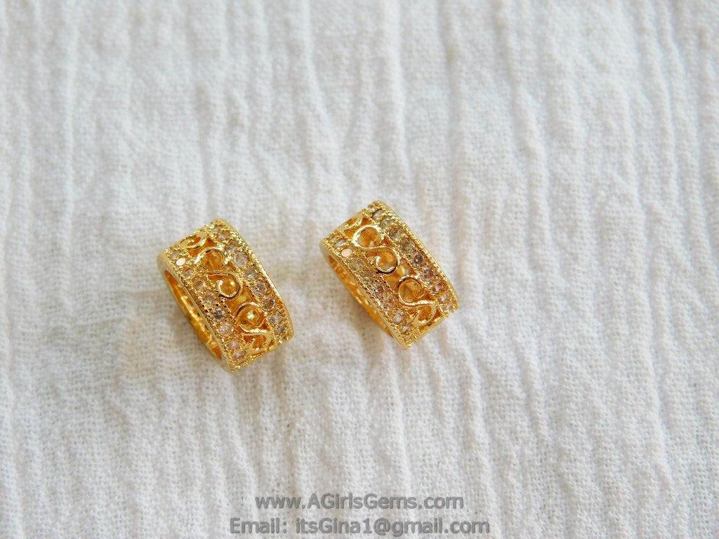 CZ Micro Pave Tube Bead 6 mm x 10 mm Bead  Gold Plated - A Girls Gems