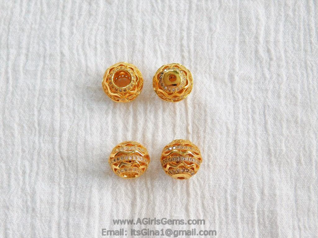 10 mm Filigree Round Micro Paved Bead, Gold Large or Small Hole Round Bead, Cubic Zirconia Paved Spacers - A Girls Gems