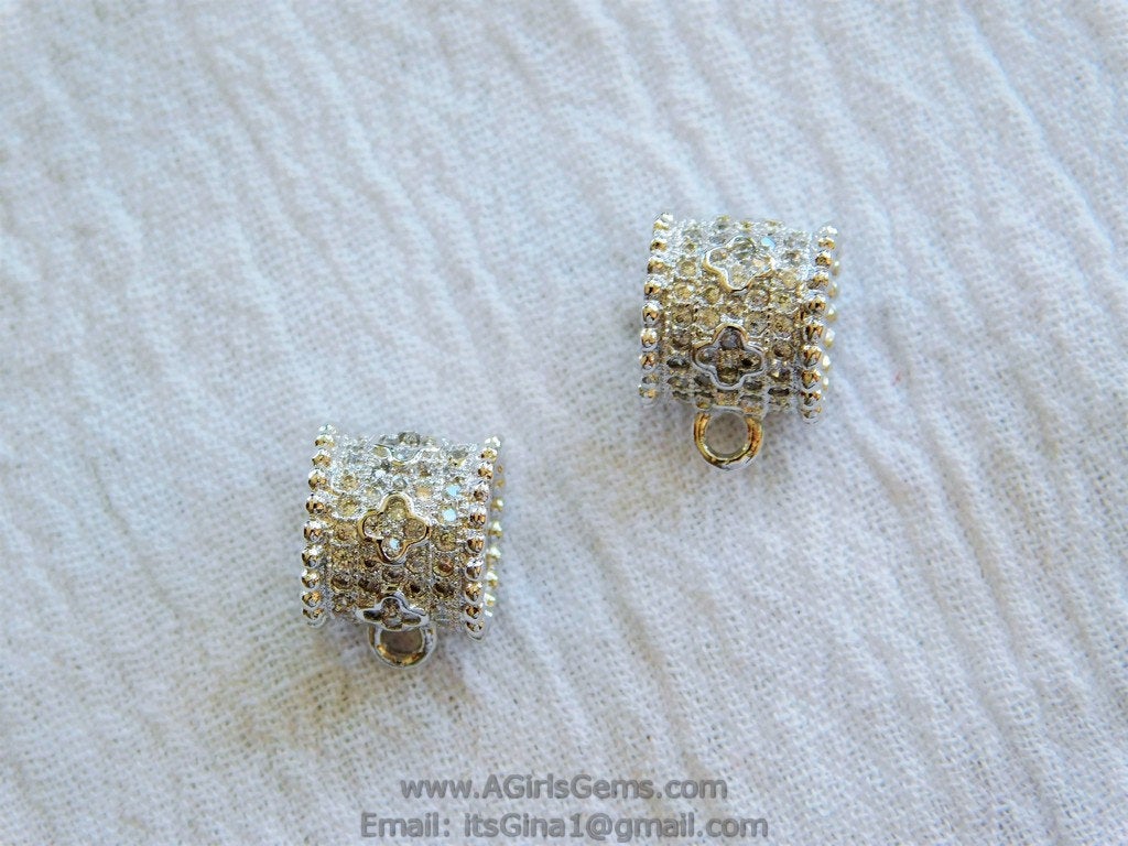Clover Silver Bail Tube Charm Holder CZ Micro Pave Tube Spacer 9 mm x 9 mm - A Girls Gems