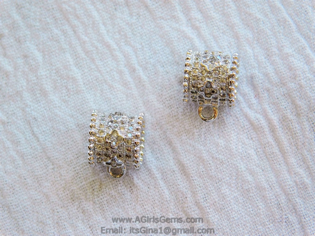 Clover Silver Bail Tube Charm Holder CZ Micro Pave Tube Spacer 9 mm x 9 mm - A Girls Gems