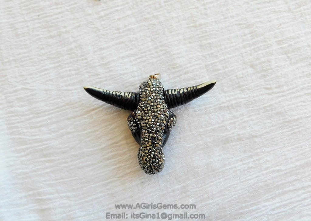 Cow Skull Pendant, CZ Pave Brown Bone Pendant CW16 - A Girls Gems