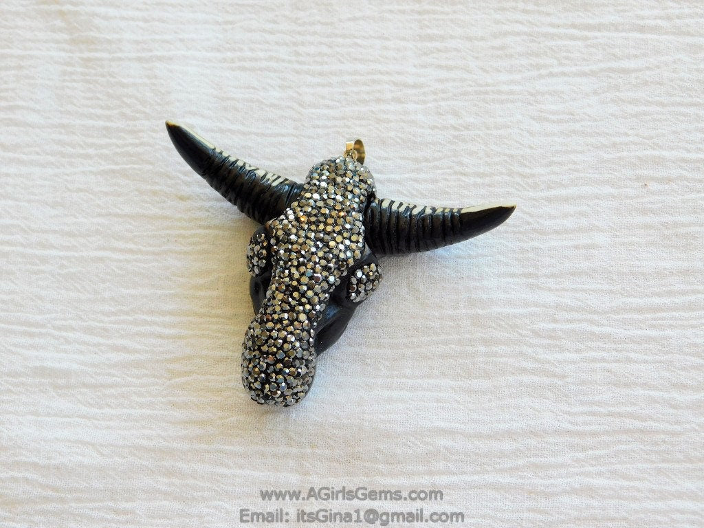Cow Skull Pendant, CZ Pave Brown Bone Pendant CW16 - A Girls Gems