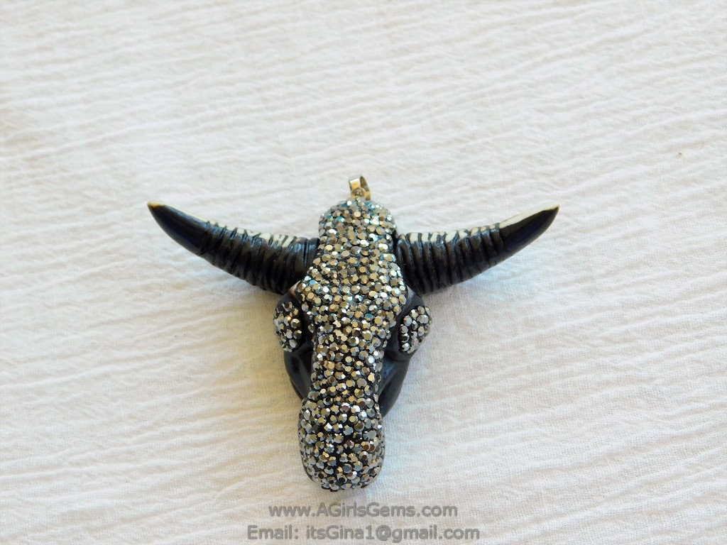 Cow Skull Pendant, CZ Pave Brown Bone Pendant CW16 - A Girls Gems