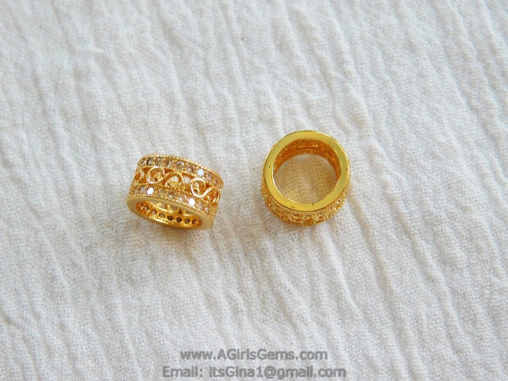 CZ Micro Pave Tube Bead 6 mm x 10 mm Bead  Gold Plated - A Girls Gems
