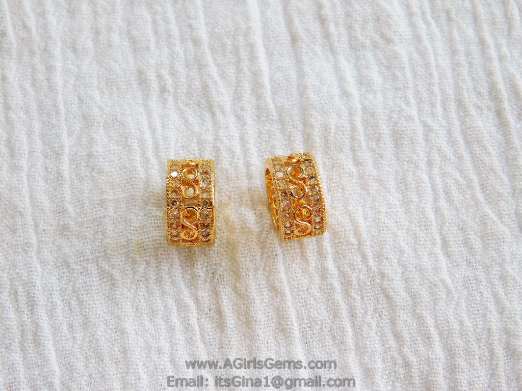 CZ Micro Pave Tube Bead 6 mm x 10 mm Bead  Gold Plated - A Girls Gems