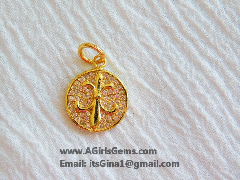 CZ Micro Pave Fleur De Lis Pendant, Gold Plated New Orleans Louisiana Charm, Jewelry Supplies