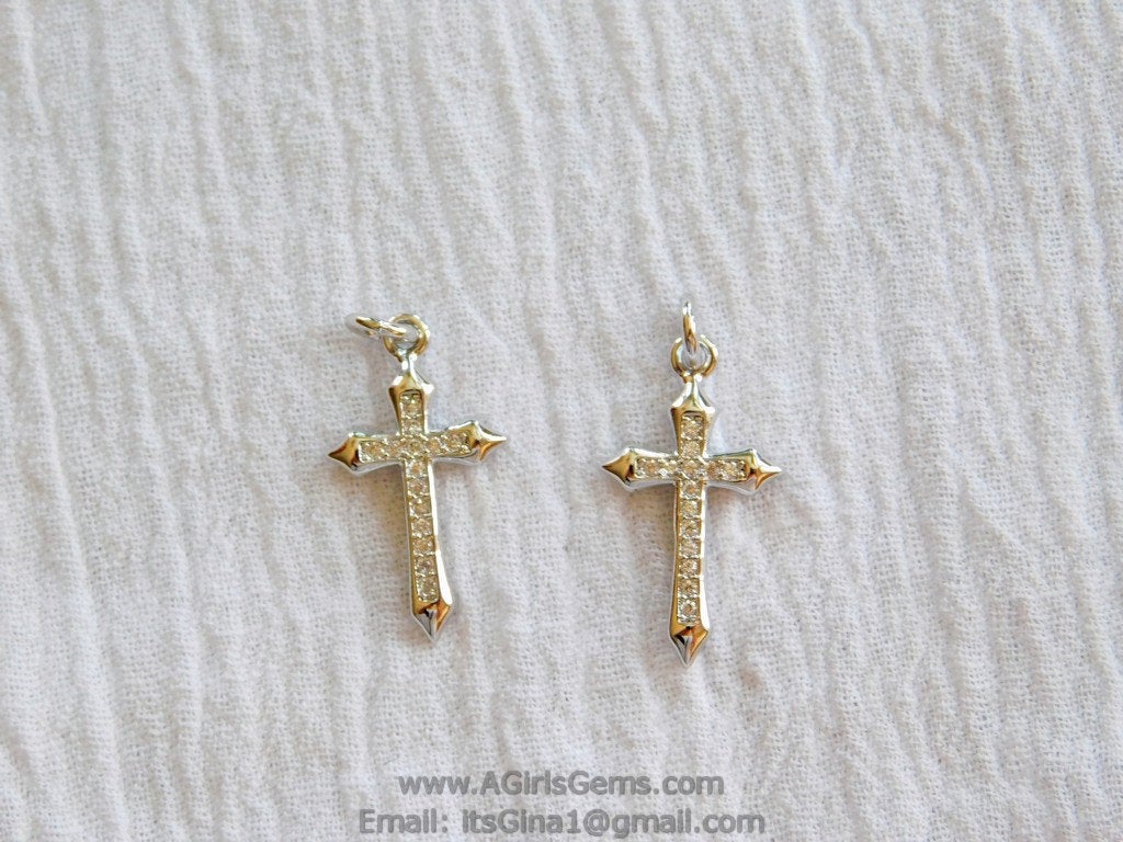 CZ Pave Cross Charms, Small Silver Cross Pendants #191, Dainty Cross 12 x 21 mm, Rosary Chain Chokers and Necklaces - A Girls Gems