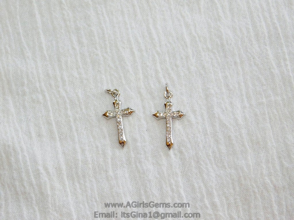 CZ Pave Cross Charms, Small Silver Cross Pendants #191, Dainty Cross 12 x 21 mm, Rosary Chain Chokers and Necklaces - A Girls Gems