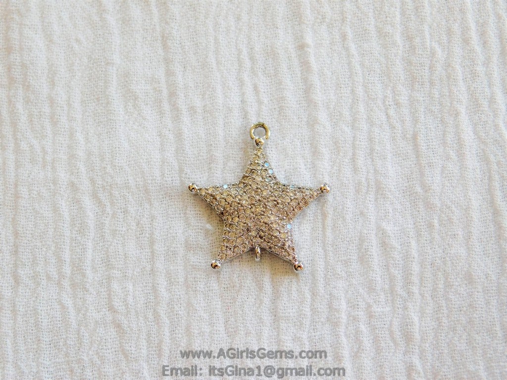 CZ Micro Pave Silver Connector Bead Sheriff Star Pendant - A Girls Gems