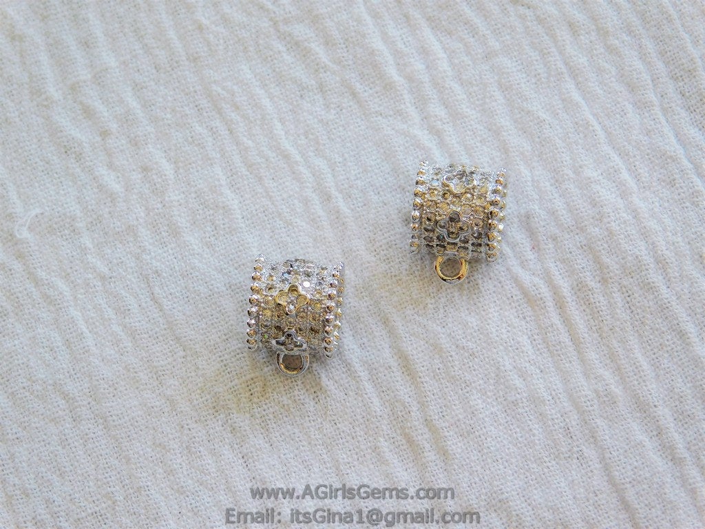 Clover Silver Bail Tube Charm Holder CZ Micro Pave Tube Spacer 9 mm x 9 mm - A Girls Gems
