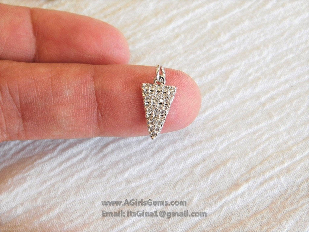CZ Micro Pave Triangle Charm Silver Tiny Charm Pendants, Micro Pave Triangle Charms Cubic Zirconia Arrow Dangle 8 x 15 mm - A Girls Gems