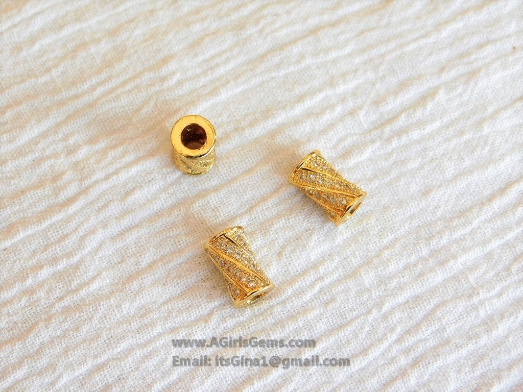 CZ Micro Paved Tube Beads, Clear Cubic Zirconia 6 x 10 mm Gold Plated Focal Bead Spacers - A Girls Gems