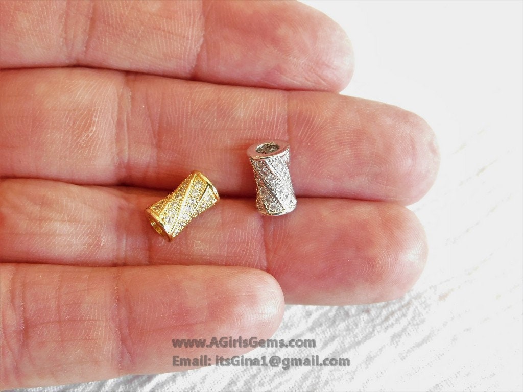 CZ Micro Paved Tube Beads, Clear Cubic Zirconia 6 x 10 mm Gold Plated Focal Bead Spacers - A Girls Gems