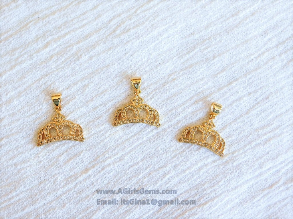 CZ Crown Charm, Tiara Cubic Zirconia Pendant Micro Paved Gold 17 x 19 mm, #265 Charm for Bracelet Necklace - A Girls Gems