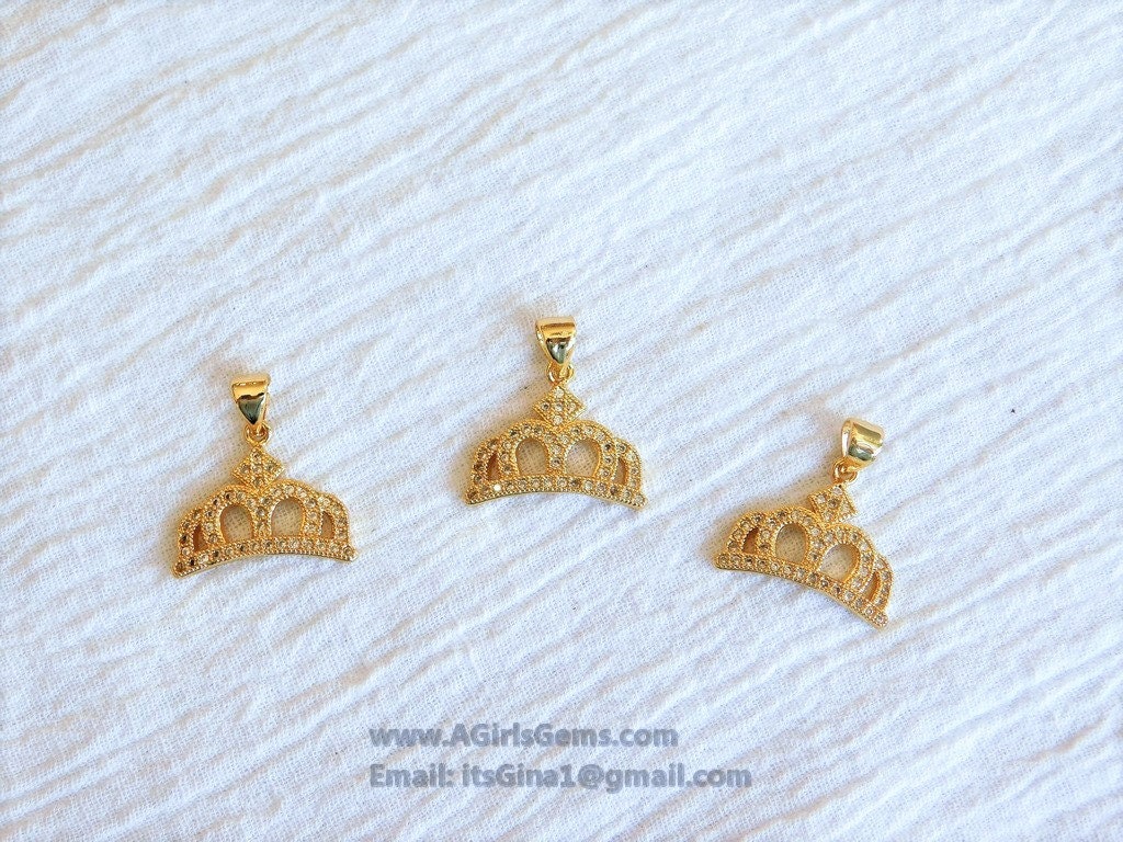 CZ Crown Charm, Tiara Cubic Zirconia Pendant Micro Paved Gold 17 x 19 mm, #265 Charm for Bracelet Necklace - A Girls Gems